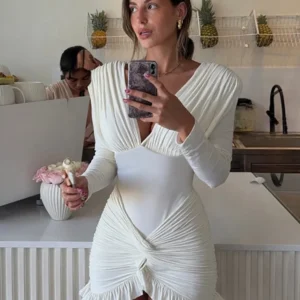 kliou Cross Ruffle Trim Women Mini Dress Simple Solid V-neck Ruched Full Sleeve Body-shaping Frock Female Classic Street Vestido