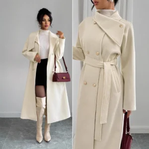 KIDCRKJ Elegant Women Spring Woolen Coat Lace Up Double Breasted Jacket For Female Long Over Thr Knee Temperament Lady Overcoat