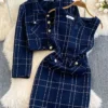 Autumn Dress Suit Women Luxury Korean Chic Blue Tweed Jacket + Vest Dress Elegant 2 Piece Set Long Sleeve Cropped Coat