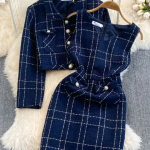 Autumn Dress Suit Women Luxury Korean Chic Blue Tweed Jacket + Vest Dress Elegant 2 Piece Set Long Sleeve Cropped Coat