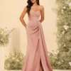 Women's One Shoulder Back Lace-Up Mermaid Bridesmaid Dresses With Slit Long Ruched Satin Prom Dresses Simple Bridesmaid Dresses