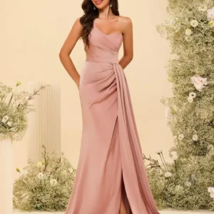 Women's One Shoulder Back Lace-Up Mermaid Bridesmaid Dresses With Slit Long Ruched Satin Prom Dresses Simple Bridesmaid Dresses