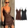 Tidalyf 2025 Women Lace Trim Cami Dress Sleeveless Deep V Neck Sexy Fashionable Chic Outfit