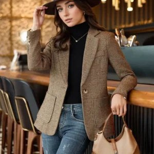 Autumn Winter New Chic Blazer Coats Women's Woolen Jackets Long Sleeve Notched Vintage Thick Outerwears Elegant Female Clothes
