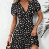 New Summer Women's Elegant Floral Printed Dress Casual Vacation Sweet V Neck Puff Sleeve Dresses