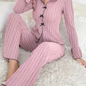 2-Piece Women's Autumn and Winter Pure Color Elegant Bow Women's Simple Long-Sleeved Pants Pajama Set