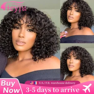 Bob Wig Machine Made Curly Human Hair Wig With Bangs 3x1 Lace Closure Bob Wig For Black Women Natural Black 16 Inch Brazilian