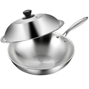 Tri-Ply Stainless Steel Wok Pan with Lid Stir-Frying Pan Induction Cooking Pan Dishwasher and Oven Safe  Detachable Handle