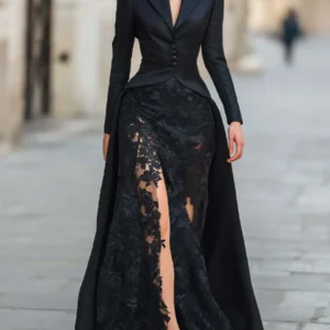 Luxury Elegant Solid Color Suit Skirt Two Piece Set V-neck Hollow Out Dress Temperament Long Sleeve Lace Spliced Evening Dress