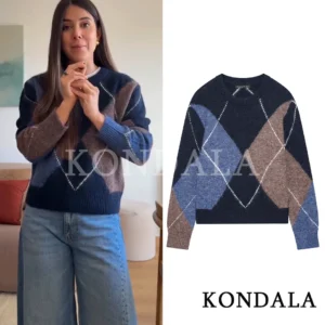 KONDALA Trendy Casual Rhombus Sweater Women Elegant Simple Versatile O-Neck Knit Sweater 2026 Spring Fall Contrasting Sweater