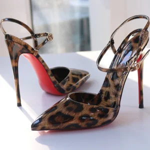 Red background leopard print high-heeled sandals with a straight buckle thin heel pointed toe fashionable and sexy big size 12CM