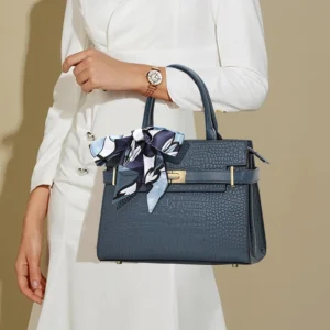 Genuine Leather Cowhide Women's HandbagConvertible for Crossbody & Shoulder Carry, with Silk Scarf, Crocodile Pattern Tote Bag