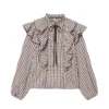 2025 Winter New Women's Casual Fashion Small Check Layered Decoration Shirt Round Neck Long Sleeve Loose Top