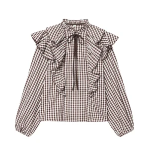 2025 Winter New Women's Casual Fashion Small Check Layered Decoration Shirt Round Neck Long Sleeve Loose Top