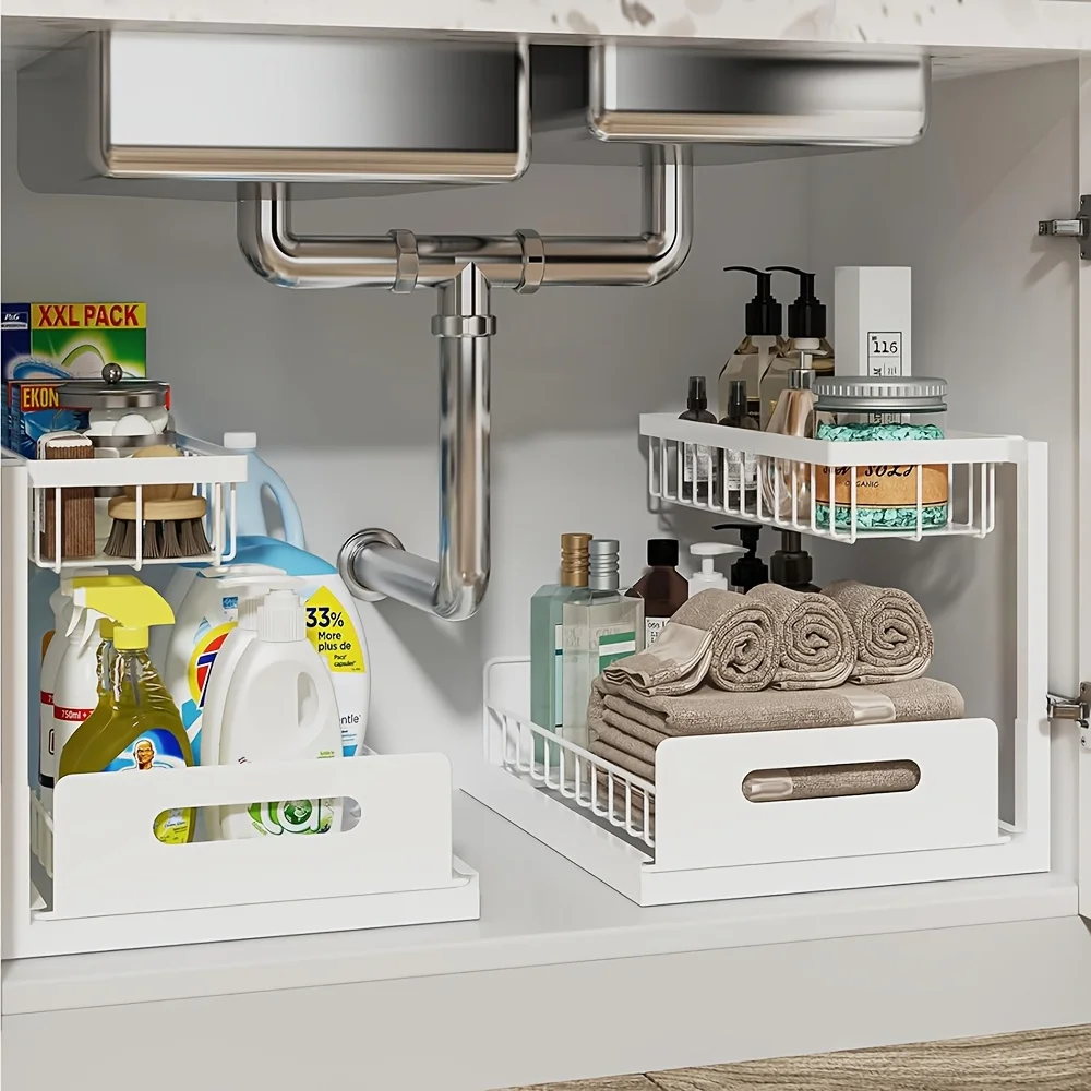 2-Tier Sliding Under Sink Organizer - Rustproof Metal Storage for Kitchen & Bathroom Cabinets,Ideal for Cleaning Supplies