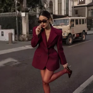 KIDCRKJ Elegant Women Spring Suit Coat Burgundy Cinched Waist Lapel Collar Slim Female Blazer Coat Instagram-Style Lady Jacket