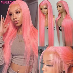 Pink 13x6 Hd Straight Lace Front Wig Human Hair 30 Inch Pink Lace Front Wig Human Hair For Black Women Pre Plucked 200% Density