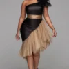 Plus Size Cocktail Party Tulle Black One Shoulder Contrast Elegant 3D Satin Midi Dresses