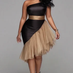 Plus Size Cocktail Party Tulle Black One Shoulder Contrast Elegant 3D Satin Midi Dresses