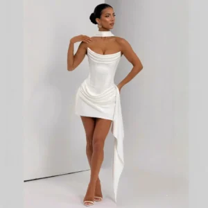 Suninheart Elegant Strapless Corset Dress Sexy White Satin Mini Draped Dress with Scarf Women Cocktail Party Dresses