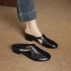 Women's Stylish Genuine Leather Mule Loafers with Metal Buckle Low Heel Slip On Flats Casual Driving Shoes