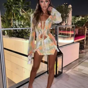 Townlike Mesh Hollow Out Transparent Sexy Dress Women Mini 2023 Spring Summer Dress Reffles Nightclub Party Bodycon Dresses