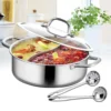 Stainless Steel Dual-Sided Shabu Hot Pot with Lid Divider Double Bottom Includes 2 Ladles Suitable for Induction & Gas