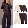 Women Casual Sweatshirt Pant Suit Long Sleeve Hooded Zipper Coats With Pocket Loose Straight Trousers Ladies Solid Sets