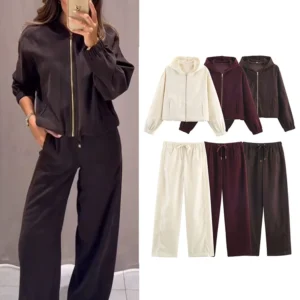 Women Casual Sweatshirt Pant Suit Long Sleeve Hooded Zipper Coats With Pocket Loose Straight Trousers Ladies Solid Sets