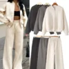 HH Women's Fall 2-Piece Retro Solid Color Zip Bomber Jacket Sweatshirt+High Waist Lace Up Women's Wide Leg Pants Street Wear