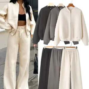 HH Women's Fall 2-Piece Retro Solid Color Zip Bomber Jacket Sweatshirt+High Waist Lace Up Women's Wide Leg Pants Street Wear