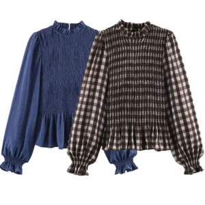 Nlzgmsj 2025 Vintage Chic Brown Plaid Shirts Women Long Sleeve Blouses Fold Fashion Casual Elegant Women Tops Y2k