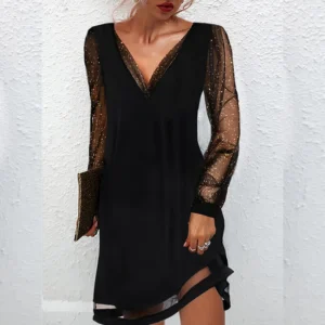 Women's Elegant V Neck Spliced Mesh Dress