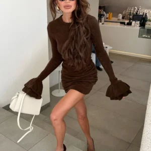 Women Solid Color Round Neck Mini Dress Fashion Elegant Full Flared Sleeves Slim Short Dresses 2025 New Daily Highstreet Gowns