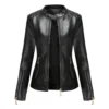 Women Autumn Thin Leather Jacket Stand Collar Zipper Pockets Long Sleeve Short Coat For Lady Versatile Female Moto Biker Jacket