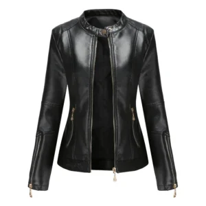 Women Autumn Thin Leather Jacket Stand Collar Zipper Pockets Long Sleeve Short Coat For Lady Versatile Female Moto Biker Jacket