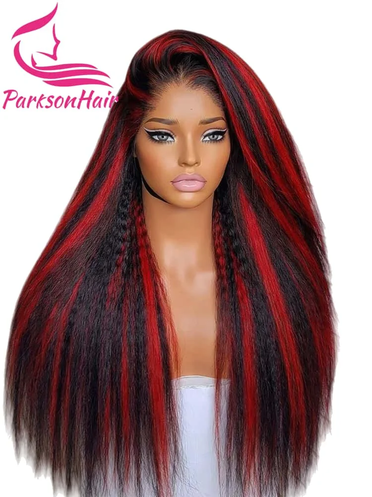 13x6 Kinky Straight Lace Front Human Hair Wig Black with Red Highlight Natural Hairline 13x4 HD Lace Wig for Women 250% Density