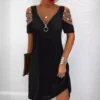 Dresses for Women Summer Fashion Rhinestone Cold Shoulder Casual A Line Mini Short Sleeve Dress Female Vestidos Clothes