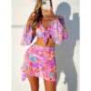 New Sexy Print Bikini Sets High Waist With Beach Skirt Long Sleeve Crop Top Swimwear Four Piece Bikini Set