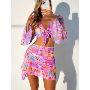 New Sexy Print Bikini Sets High Waist With Beach Skirt Long Sleeve Crop Top Swimwear Four Piece Bikini Set