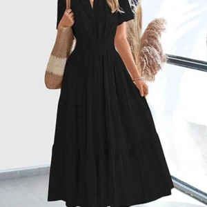 2025 Spring and Summer Cross border European and American Fashion Women's V-neck Folded Bubble Sleeve Layered Big Swing Dress