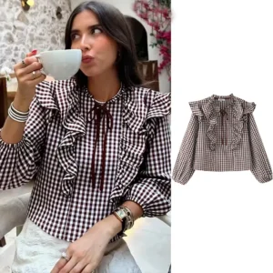 Blouses Tops Spring Women's 2026 New Fashion Plaid Layered Elegant Women's Shirts Tops Chic Street Youth Travel Holiday Tops
