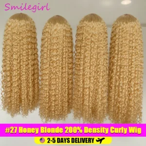 38Inch 13x6 HD Transparent Lace Front Wig Human Hair #27 Deep Wave Pre Plucked 200% Density Honey Blonde Curly Wig For Women
