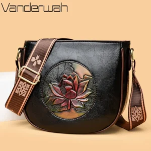Women's Vintage Lotus Carving Crossbody Bag Retro PU Leather Casual Messenger Bag for Daily Ladies Purse Shoulder Bag Sac A Main