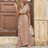 Elegant Floral Pleated H shaped Midi Dress Female V Neck Puff Sleeve Waist Ruched Button Dresses Women Summer Dress Robe