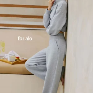 Women High Waist Knit Patchwork Fleece Lined Wide Leg Stacking Pants Elegant Winter Trousers Old Money Style for aio