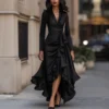 2025 Evening Dress Women's Long Sleeve V Neck High Waist Slim Fit Ruffle Solid Color Elegant Fashion Party Spring Autumn Dress