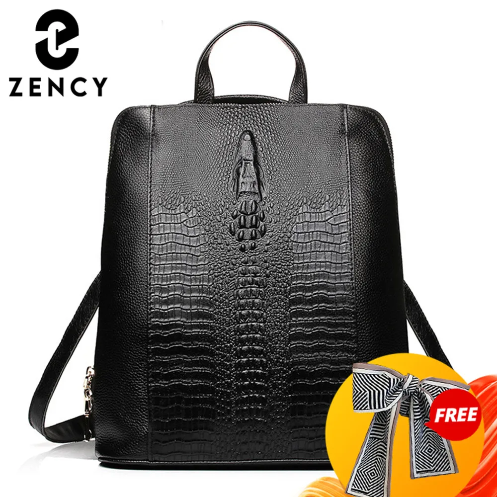 Zency Women's Crocodile Leather Backpack 100% Genuine Natural Travel Work School Bag with Notebook Compartment Laptop Carry-on