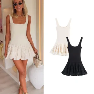 TFMLN 2025 Summer Woman Square Collar Party Mini Dress Fashion Backless Sleeveless Pleated Hem Splice Decorate Sling Dress