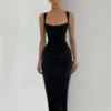 Solid Pleated Sling Dress Square Neck Sleeveless Off-shoulder Waist Cinching Slim Women Dresses Fashion Evening Party Gown 2025